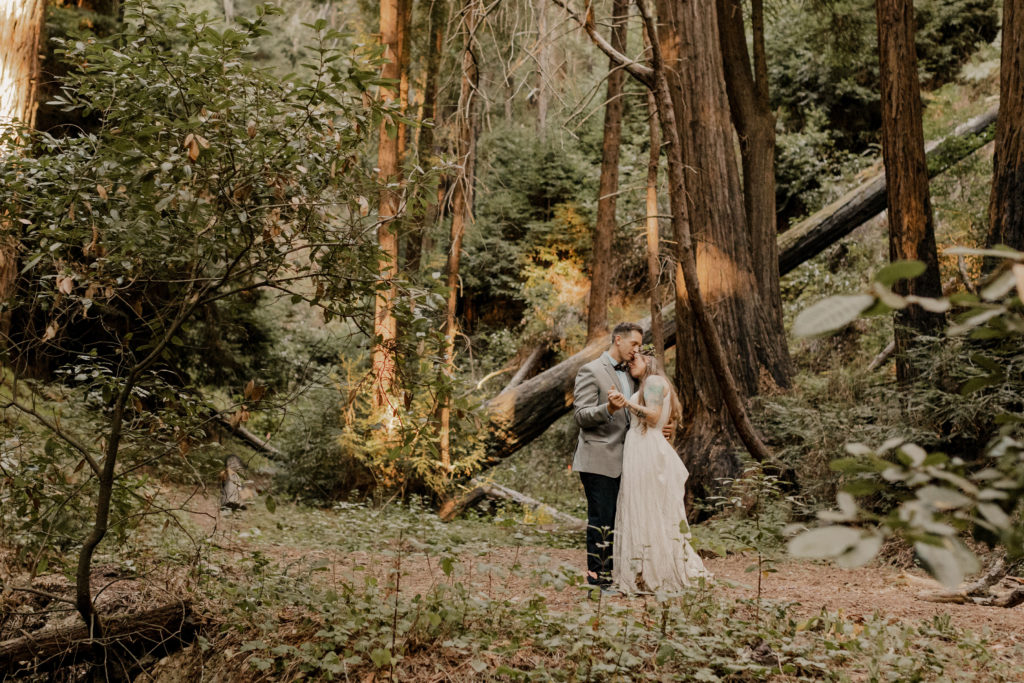 forest wedding with bride and groom
