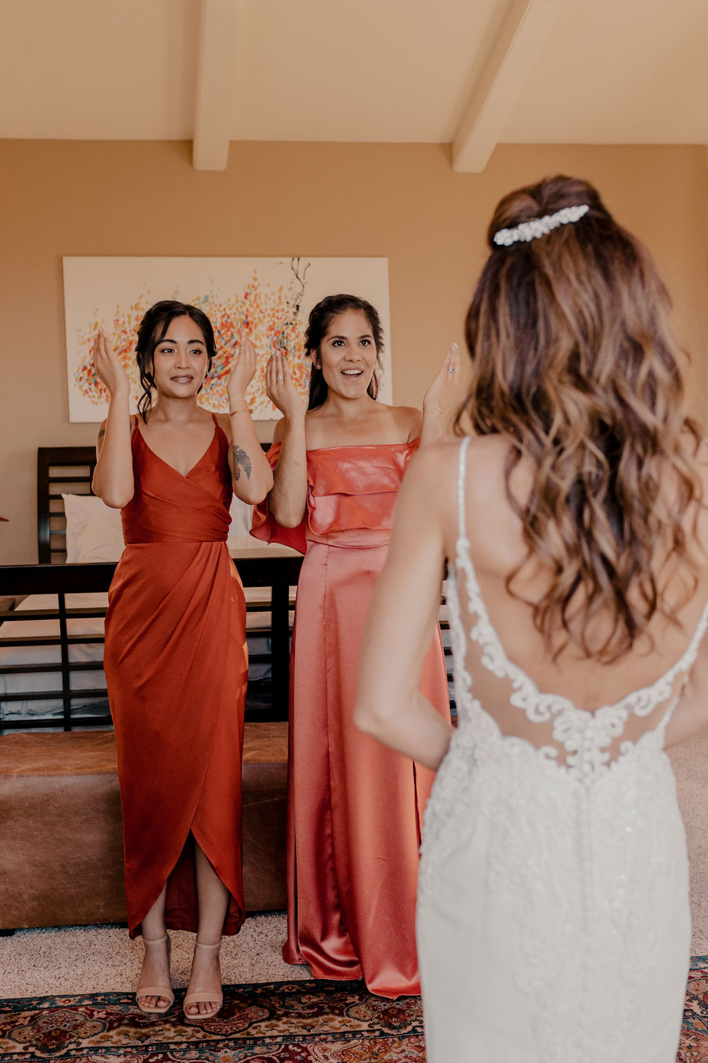 bridesmaids reaction to seeing bride in lace wedding dress