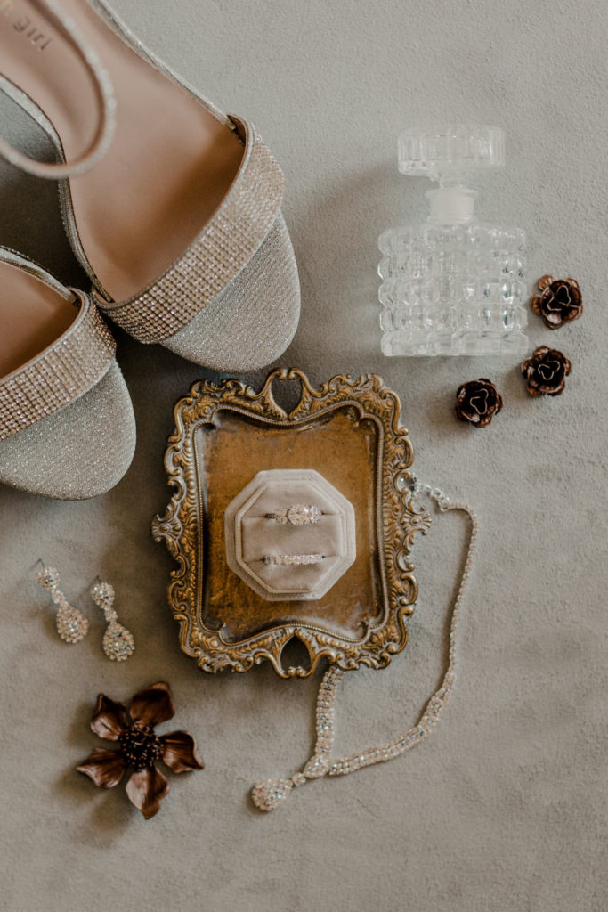 wedding day details of wedding shoes and rings