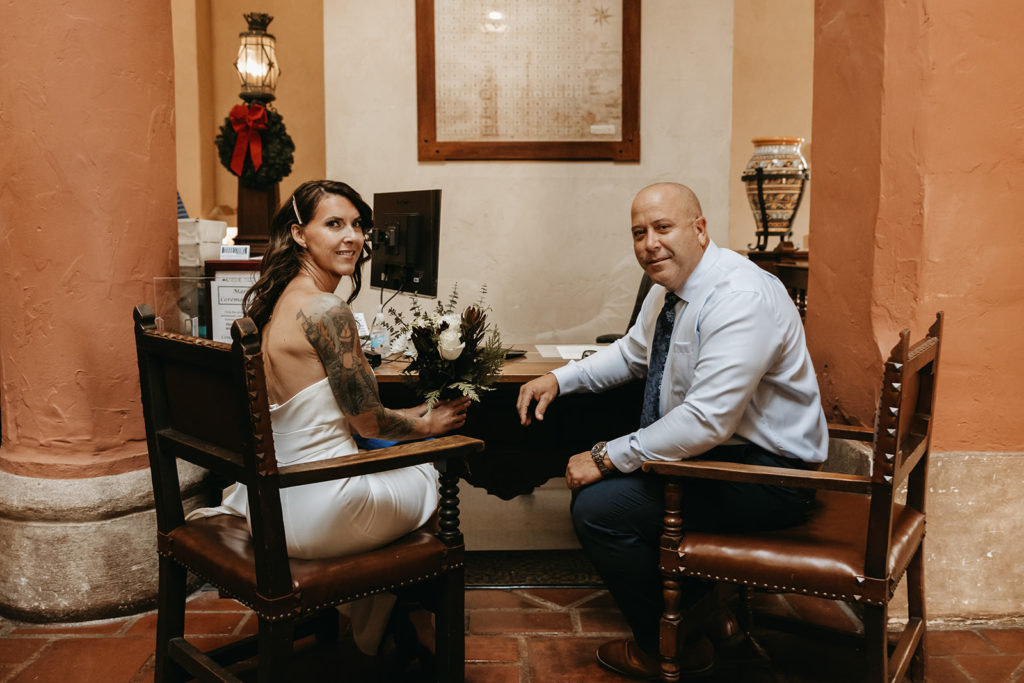 bride and groom posing during their courthouse elopement | An Outdoor Santa Barbara Courthouse Wedding Elopement | Brandi & Allen