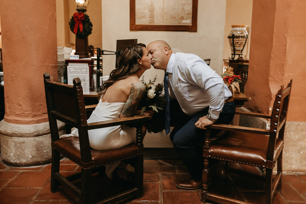 new bride and groom posing after their courthouse elopement in santa Barbara | An Outdoor Santa Barbara Courthouse Wedding Elopement | Brandi & Allen