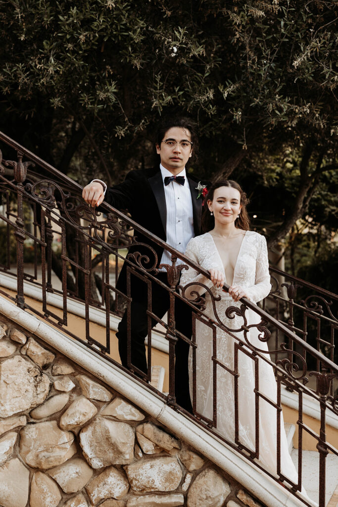 bride and groom posing for their california wedding portraits and calipaso