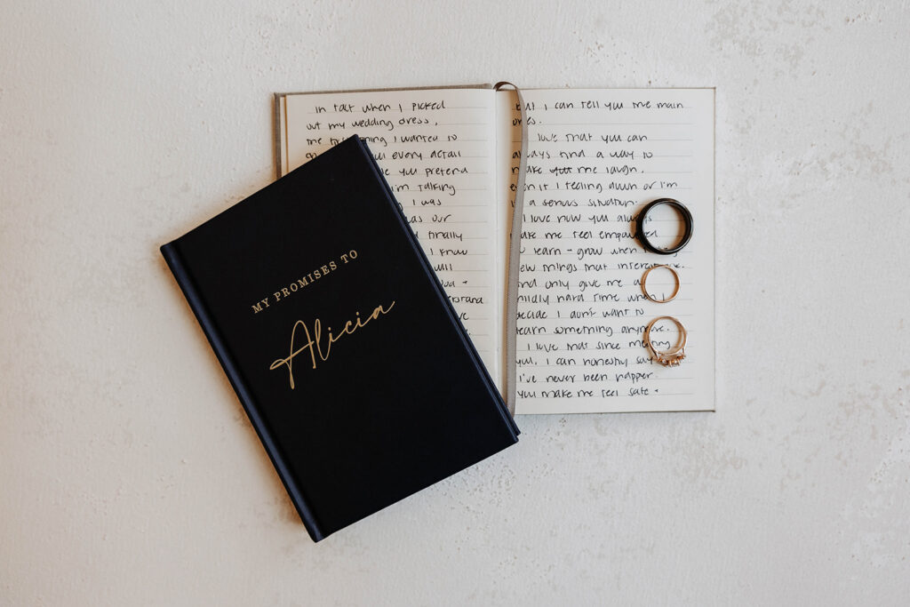 a flat lay photos of wedding vows and rings
