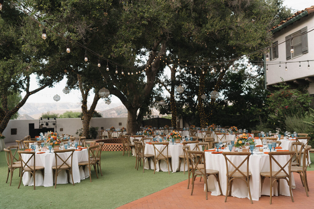 wedding reception decor at elegant garden wedding at Quail Ranch in Simi Valley