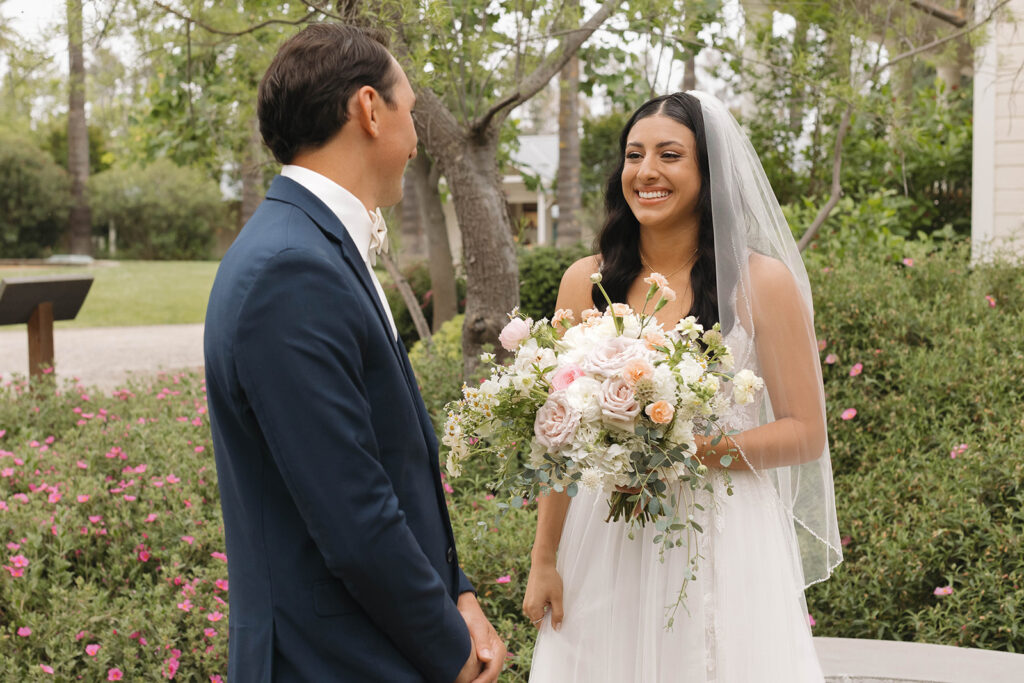 a first look photoshoot at a wedding in california
