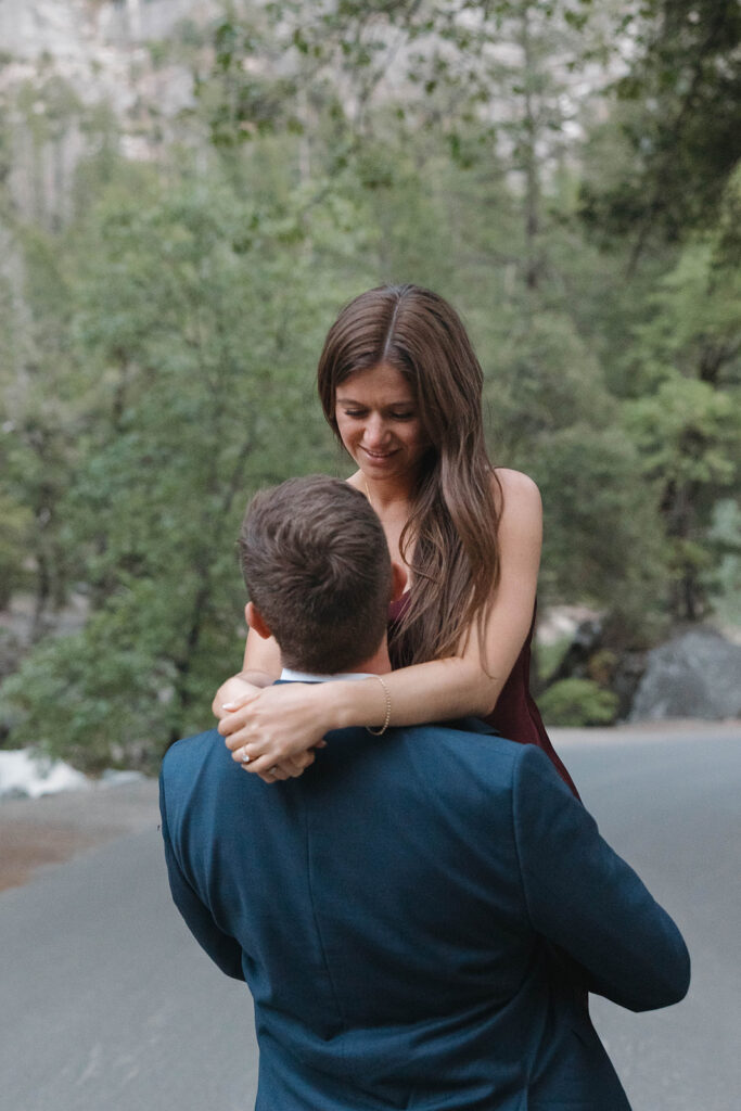 a couple having their engagement photos at yosemite natural park
