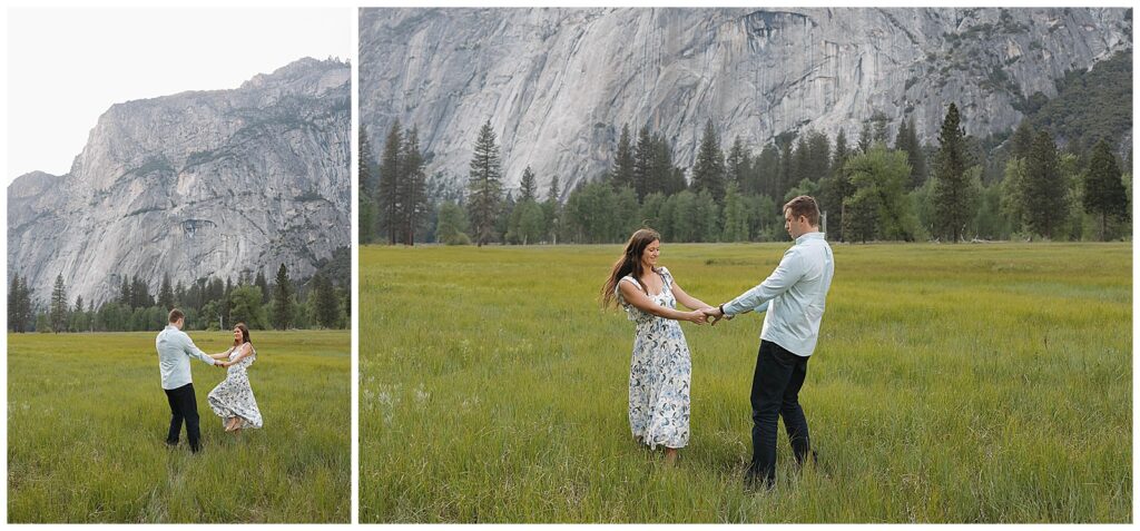 Mountain engagement session with couple walking through open landscape