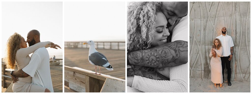 coastal engagement session with movement and soft light
