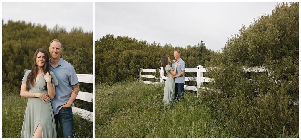 Countryside engagement session with open fields and soft natural light