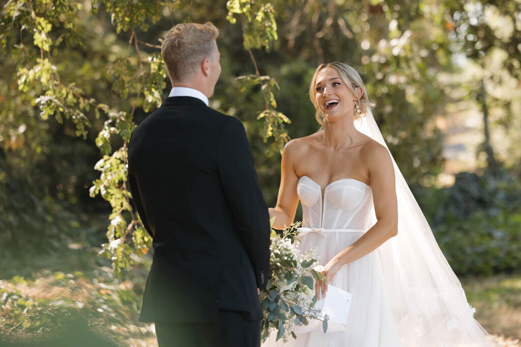 Emotional first look between bride and groom